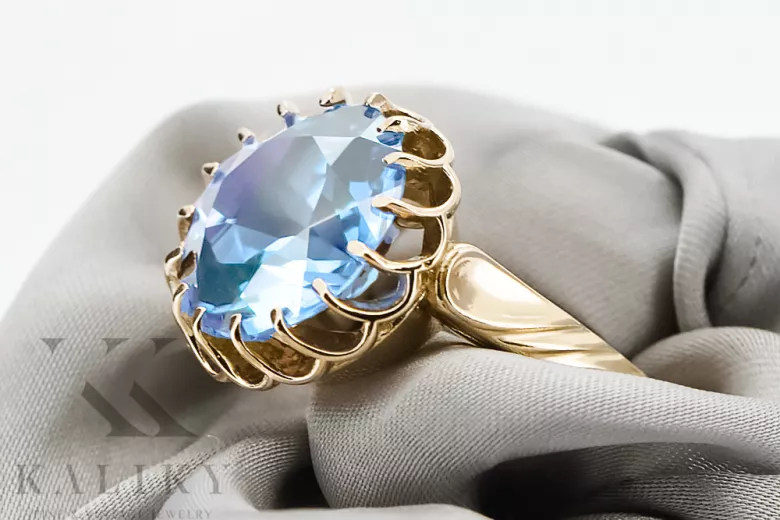 Vintažinis stilius Žiedas Aquamarine 8K geltonas auksas vrc035x-aq Art Deco Sovietinis vintažo papuošalų stilius